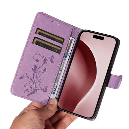 For iPhone 16 Pro Case PU Leather Flip Phone Cover Imprint Butterfly Flower