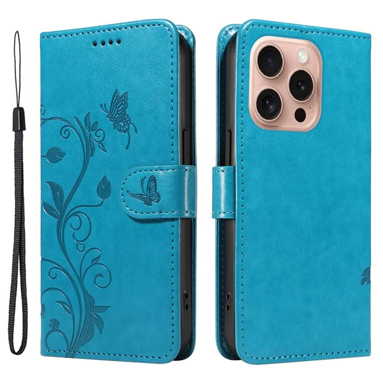 For iPhone 16 Pro Case PU Leather Flip Phone Cover Imprint Butterfly Flower