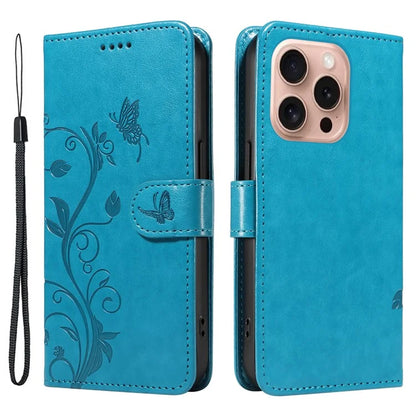 For iPhone 16 Pro Case PU Leather Flip Phone Cover Imprint Butterfly Flower