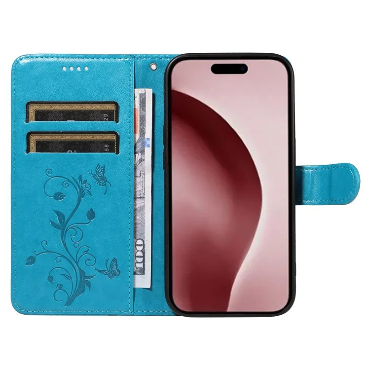 For iPhone 16 Pro Case PU Leather Flip Phone Cover Imprint Butterfly Flower