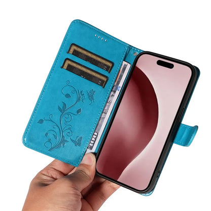 For iPhone 16 Pro Case PU Leather Flip Phone Cover Imprint Butterfly Flower