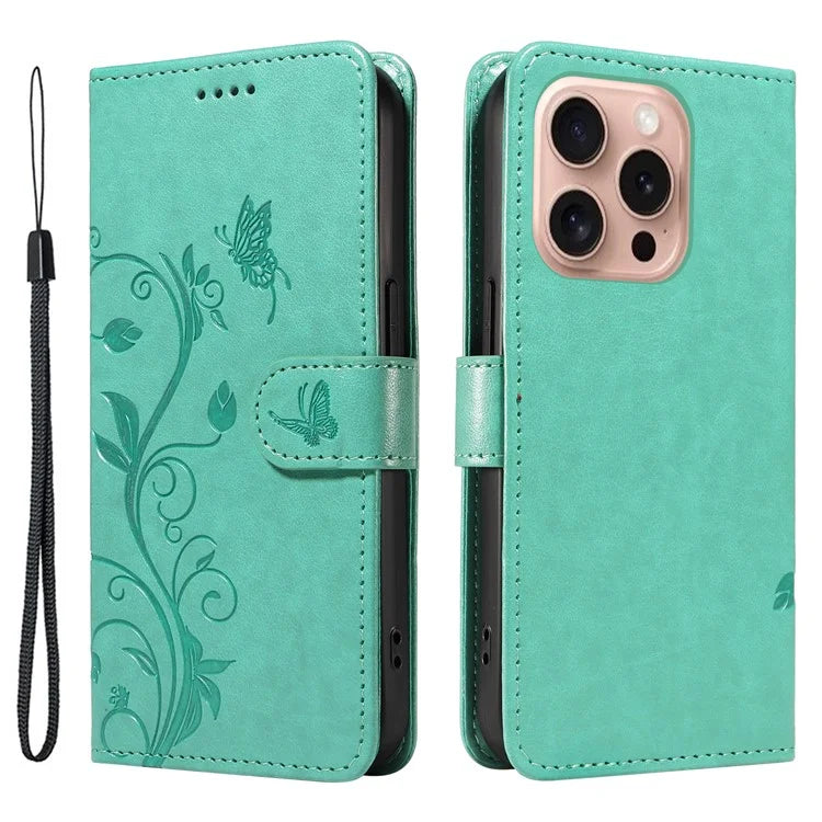 For iPhone 16 Pro Case PU Leather Flip Phone Cover Imprint Butterfly Flower