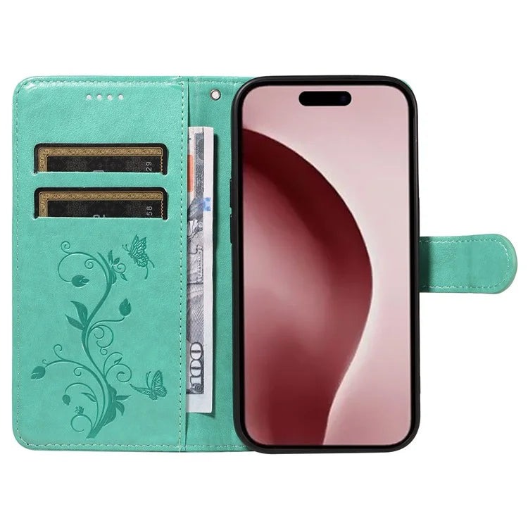 For iPhone 16 Pro Case PU Leather Flip Phone Cover Imprint Butterfly Flower