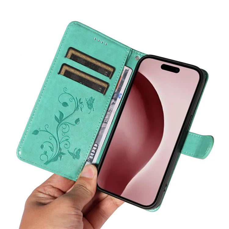 For iPhone 16 Pro Case PU Leather Flip Phone Cover Imprint Butterfly Flower