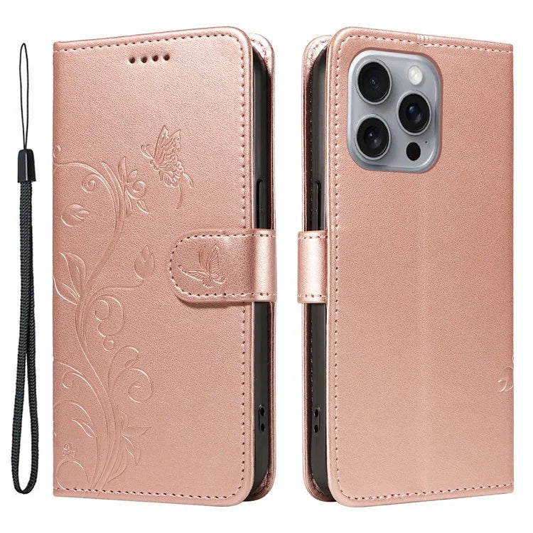 For iPhone 16 Pro Max Case Butterfly Flower Imprint Wallet Leather Phone Cover with Strap