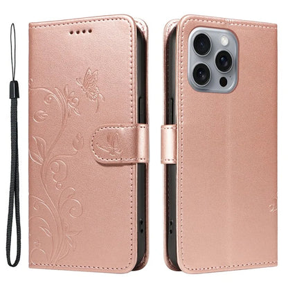 For iPhone 16 Pro Max Case Butterfly Flower Imprint Wallet Leather Phone Cover with Strap