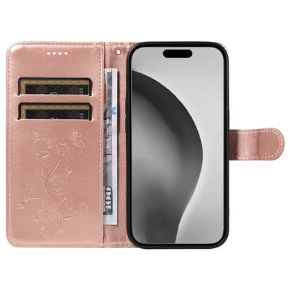 For iPhone 16 Pro Max Case Butterfly Flower Imprint Wallet Leather Phone Cover with Strap