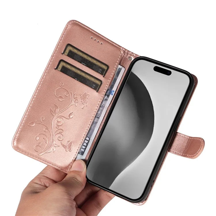 For iPhone 16 Pro Max Case Butterfly Flower Imprint Wallet Leather Phone Cover with Strap