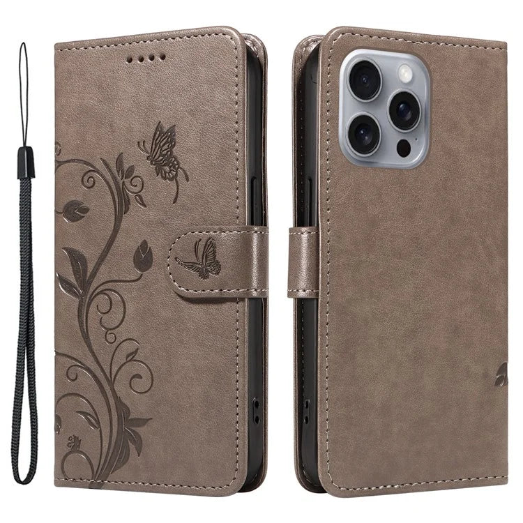 For iPhone 16 Pro Max Case Butterfly Flower Imprint Wallet Leather Phone Cover with Strap