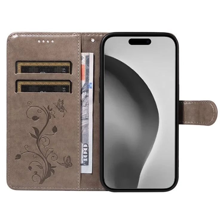 For iPhone 16 Pro Max Case Butterfly Flower Imprint Wallet Leather Phone Cover with Strap