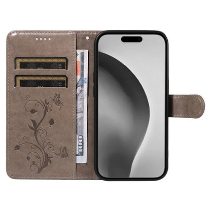 For iPhone 16 Pro Max Case Butterfly Flower Imprint Wallet Leather Phone Cover with Strap
