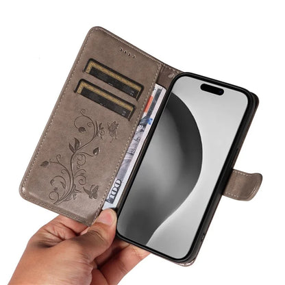 For iPhone 16 Pro Max Case Butterfly Flower Imprint Wallet Leather Phone Cover with Strap