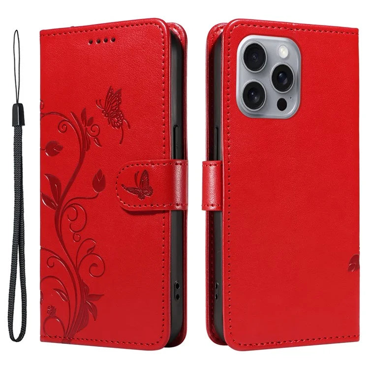 For iPhone 16 Pro Max Case Butterfly Flower Imprint Wallet Leather Phone Cover with Strap