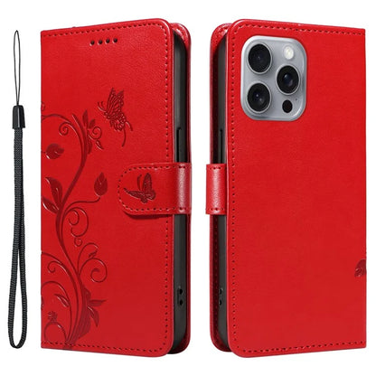 For iPhone 16 Pro Max Case Butterfly Flower Imprint Wallet Leather Phone Cover with Strap