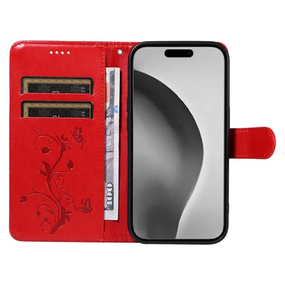 For iPhone 16 Pro Max Case Butterfly Flower Imprint Wallet Leather Phone Cover with Strap