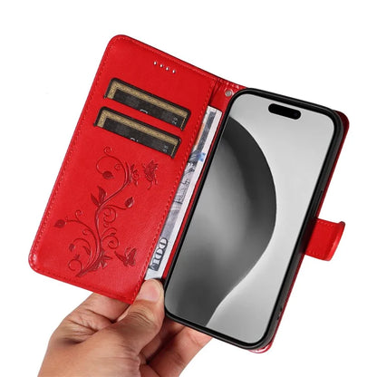 For iPhone 16 Pro Max Case Butterfly Flower Imprint Wallet Leather Phone Cover with Strap