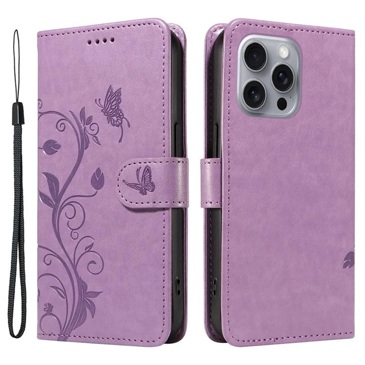For iPhone 16 Pro Max Case Butterfly Flower Imprint Wallet Leather Phone Cover with Strap