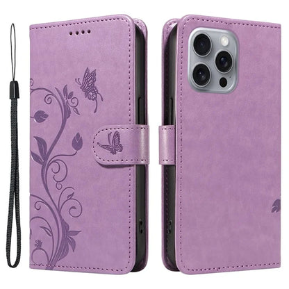 For iPhone 16 Pro Max Case Butterfly Flower Imprint Wallet Leather Phone Cover with Strap