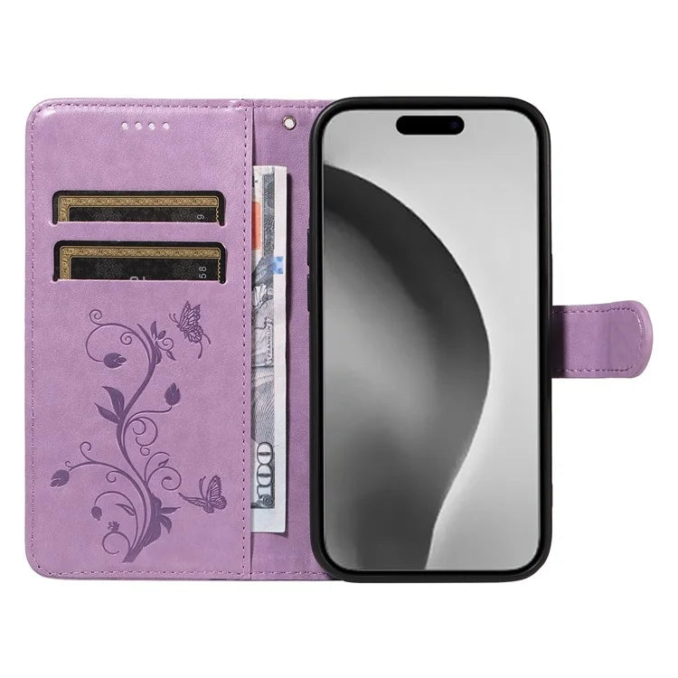 For iPhone 16 Pro Max Case Butterfly Flower Imprint Wallet Leather Phone Cover with Strap