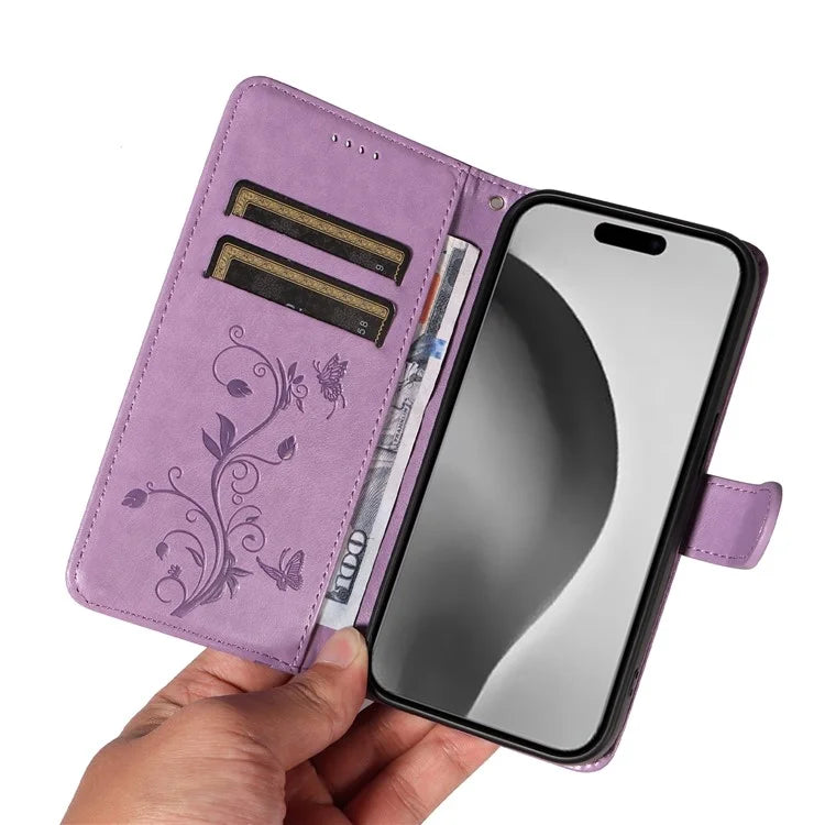 For iPhone 16 Pro Max Case Butterfly Flower Imprint Wallet Leather Phone Cover with Strap