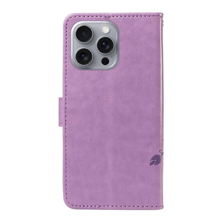 For iPhone 16 Pro Max Case Butterfly Flower Imprint Wallet Leather Phone Cover with Strap