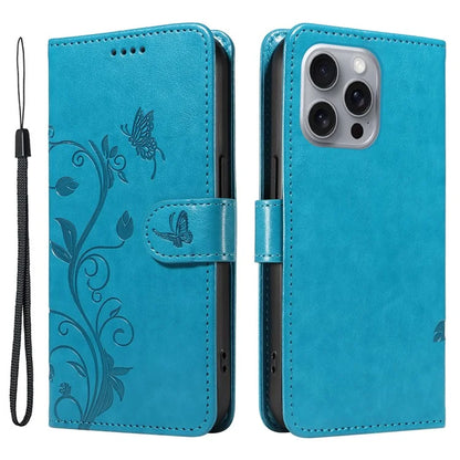 For iPhone 16 Pro Max Case Butterfly Flower Imprint Wallet Leather Phone Cover with Strap