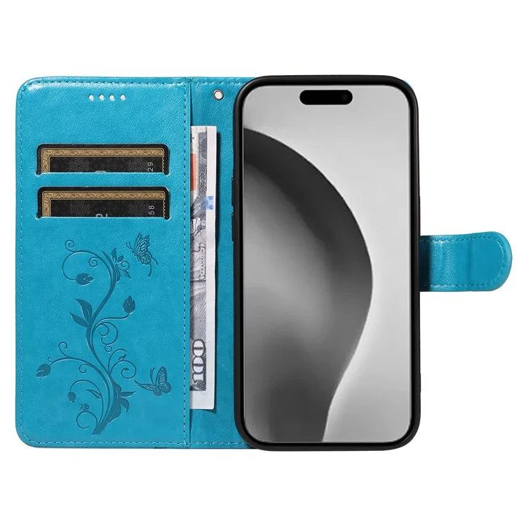 For iPhone 16 Pro Max Case Butterfly Flower Imprint Wallet Leather Phone Cover with Strap