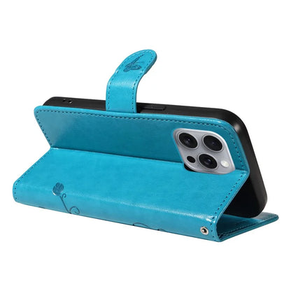 For iPhone 16 Pro Max Case Butterfly Flower Imprint Wallet Leather Phone Cover with Strap
