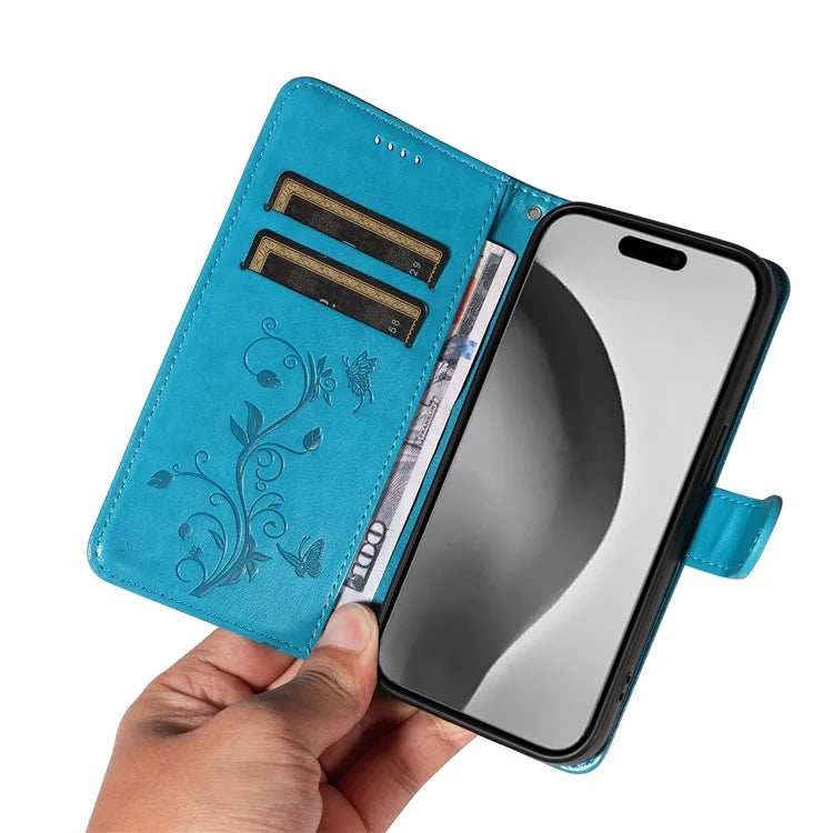 For iPhone 16 Pro Max Case Butterfly Flower Imprint Wallet Leather Phone Cover with Strap