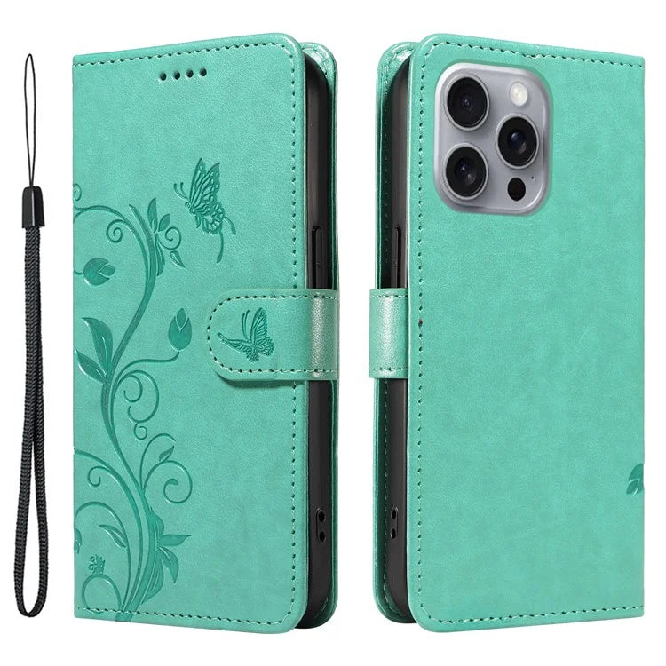 For iPhone 16 Pro Max Case Butterfly Flower Imprint Wallet Leather Phone Cover with Strap