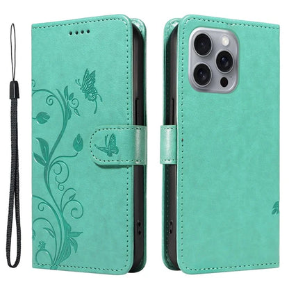 For iPhone 16 Pro Max Case Butterfly Flower Imprint Wallet Leather Phone Cover with Strap