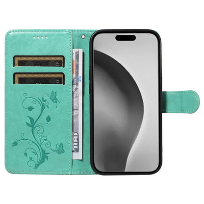 For iPhone 16 Pro Max Case Butterfly Flower Imprint Wallet Leather Phone Cover with Strap