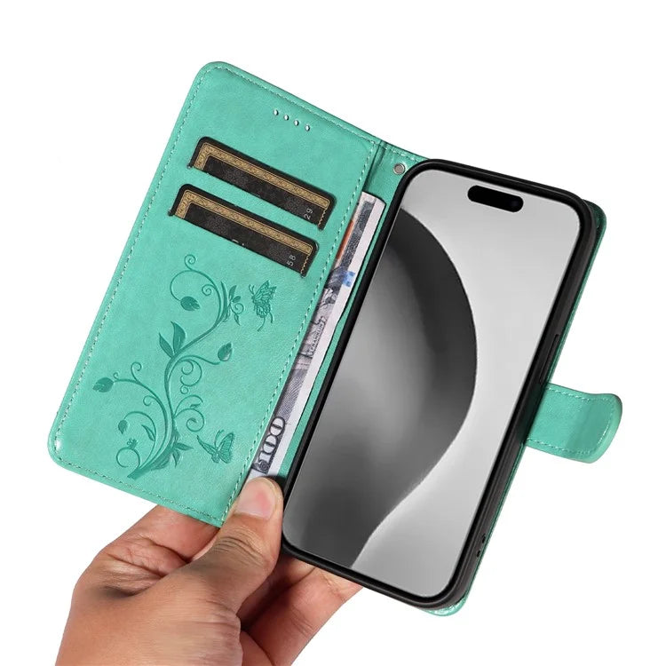 For iPhone 16 Pro Max Case Butterfly Flower Imprint Wallet Leather Phone Cover with Strap