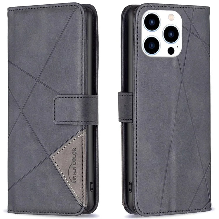 BINFEN COLOR BF05 For iPhone 16 Pro Case Leather Wallet Phone Cover Geometric Imprinted