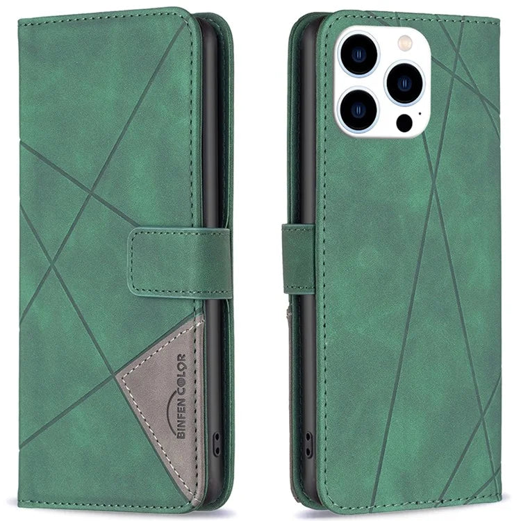 BINFEN COLOR BF05 For iPhone 16 Pro Case Leather Wallet Phone Cover Geometric Imprinted