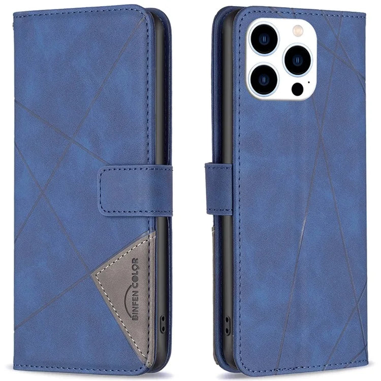 BINFEN COLOR BF05 For iPhone 16 Pro Case Leather Wallet Phone Cover Geometric Imprinted