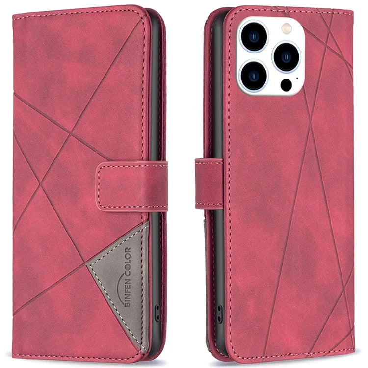 BINFEN COLOR BF05 For iPhone 16 Pro Case Leather Wallet Phone Cover Geometric Imprinted