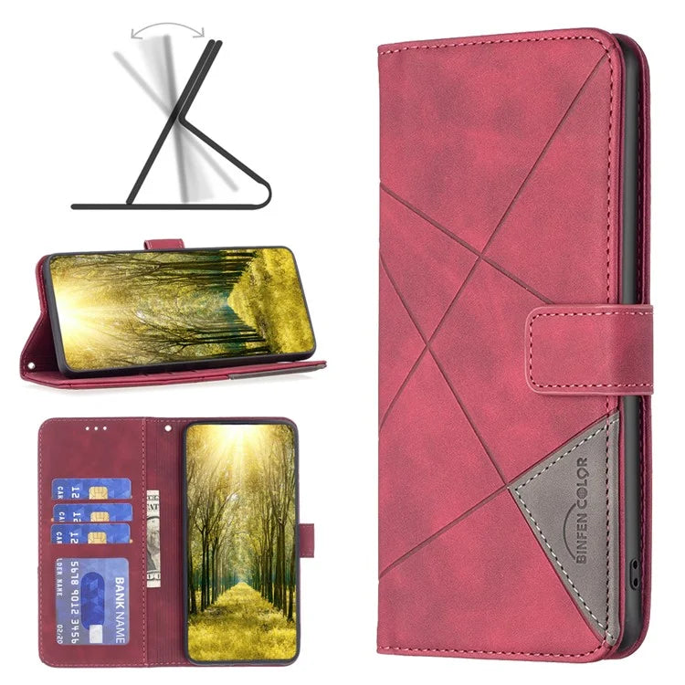 BINFEN COLOR BF05 For iPhone 16 Pro Case Leather Wallet Phone Cover Geometric Imprinted