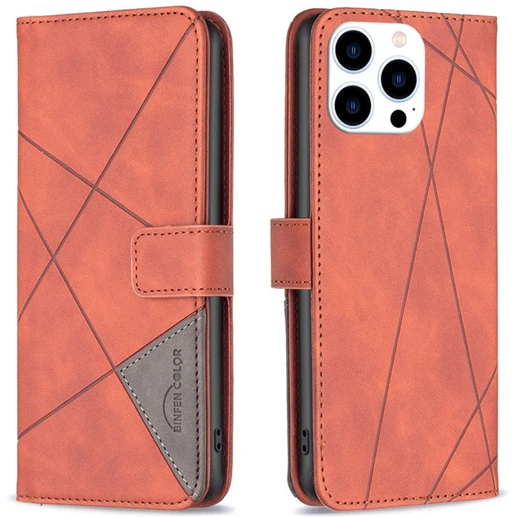 BINFEN COLOR BF05 For iPhone 16 Pro Case Leather Wallet Phone Cover Geometric Imprinted
