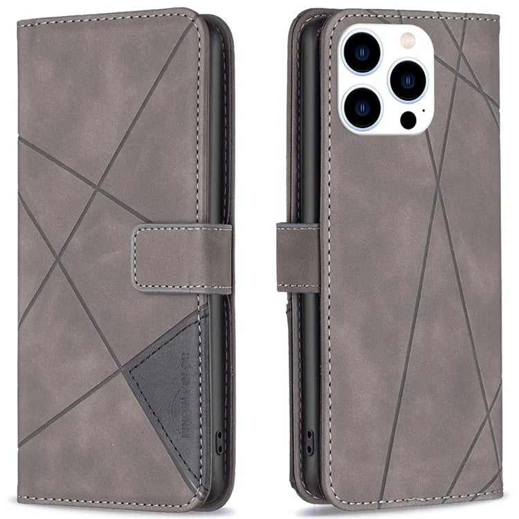 BINFEN COLOR BF05 For iPhone 16 Pro Case Leather Wallet Phone Cover Geometric Imprinted