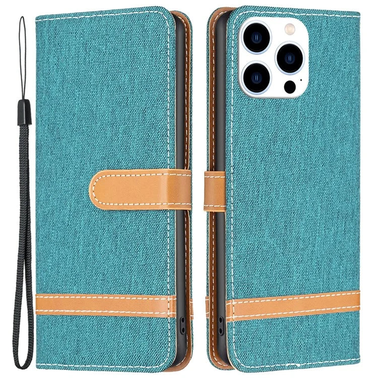 For iPhone 16 Pro Case Jeans Cloth Texture Wallet Splicing Phone Leather Cover