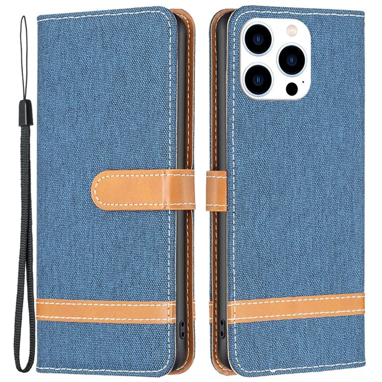 For iPhone 16 Pro Case Jeans Cloth Texture Wallet Splicing Phone Leather Cover
