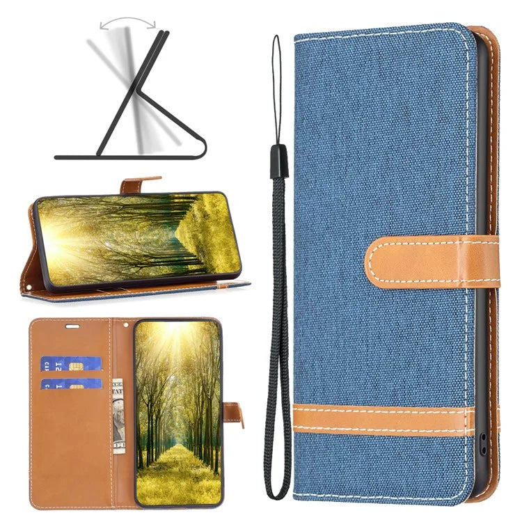 For iPhone 16 Pro Case Jeans Cloth Texture Wallet Splicing Phone Leather Cover