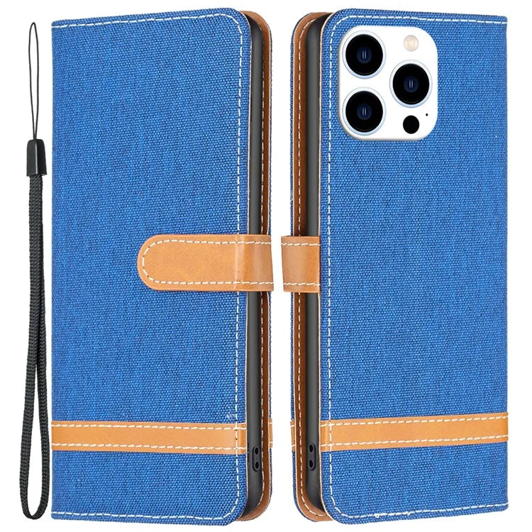 For iPhone 16 Pro Case Jeans Cloth Texture Wallet Splicing Phone Leather Cover