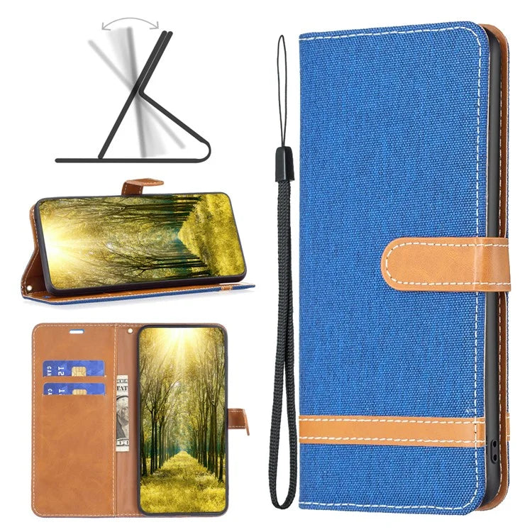 For iPhone 16 Pro Case Jeans Cloth Texture Wallet Splicing Phone Leather Cover