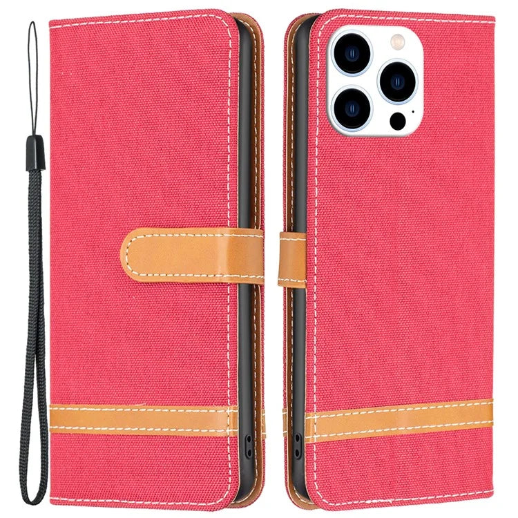 For iPhone 16 Pro Case Jeans Cloth Texture Wallet Splicing Phone Leather Cover