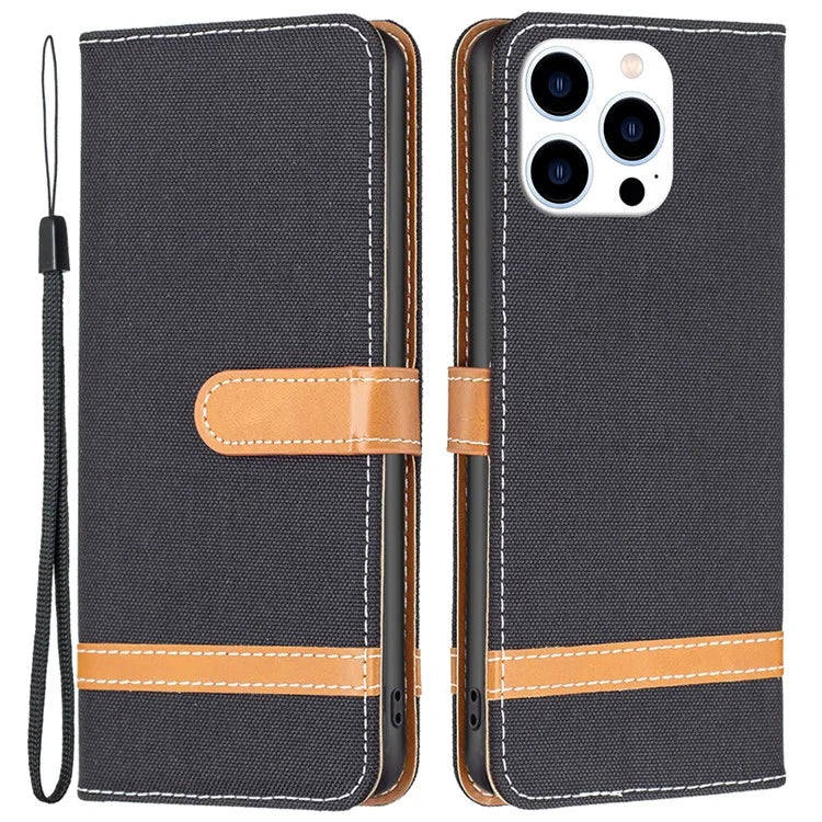 For iPhone 16 Pro Case Jeans Cloth Texture Wallet Splicing Phone Leather Cover