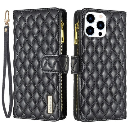 BINFEN COLOR BF Style-15 For iPhone 16 Pro Case Rhombus Leather Phone Cover with Zipper