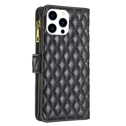 BINFEN COLOR BF Style-15 For iPhone 16 Pro Case Rhombus Leather Phone Cover with Zipper