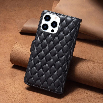 BINFEN COLOR BF Style-15 For iPhone 16 Pro Case Rhombus Leather Phone Cover with Zipper